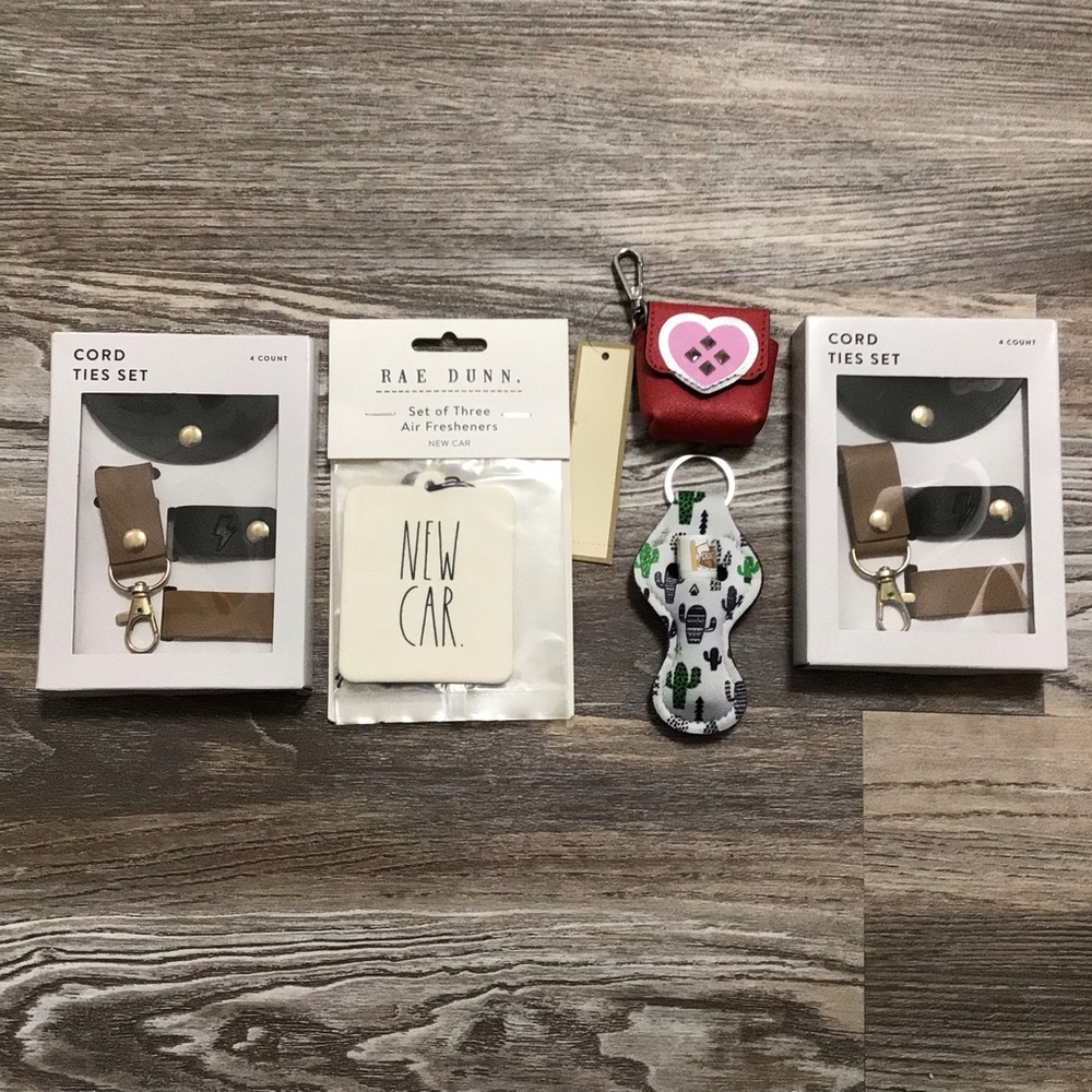 Rae Dunn Air Freshners, Cord Tie Set, AirPod Case, Lip Balm Keychain Holder NWT
